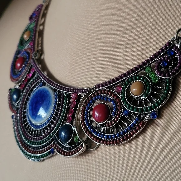Statement Bib Necklace with Colorful Beading and Stone Accents - Picture 2 of 7